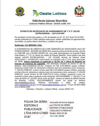 EXTRATO DE NOTIFICAÇÃO DE AGENDAMENTO DE 1° E 2° LEILÃO EXTRAJUDICIAL